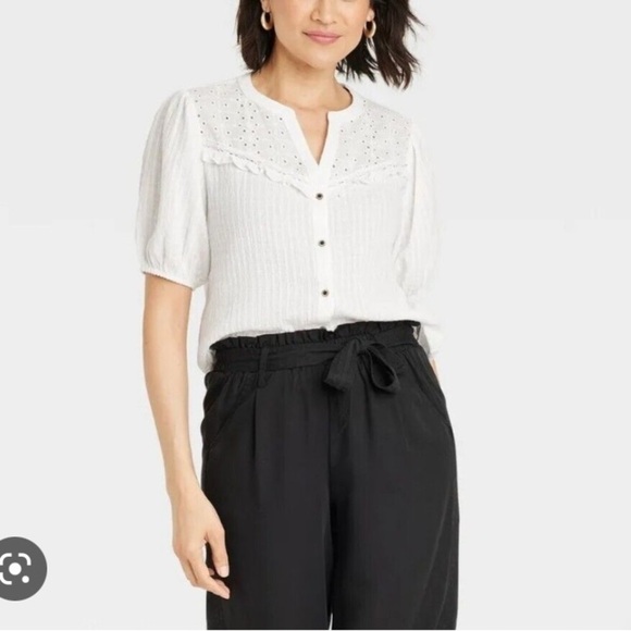 Knox Rose Plus Size Eyelet Textured Button Down Short Sleeve Blouse- White - Picture 12 of 13